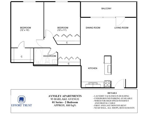 Floor plan for 2 beds, 1 bath, 900 sqft